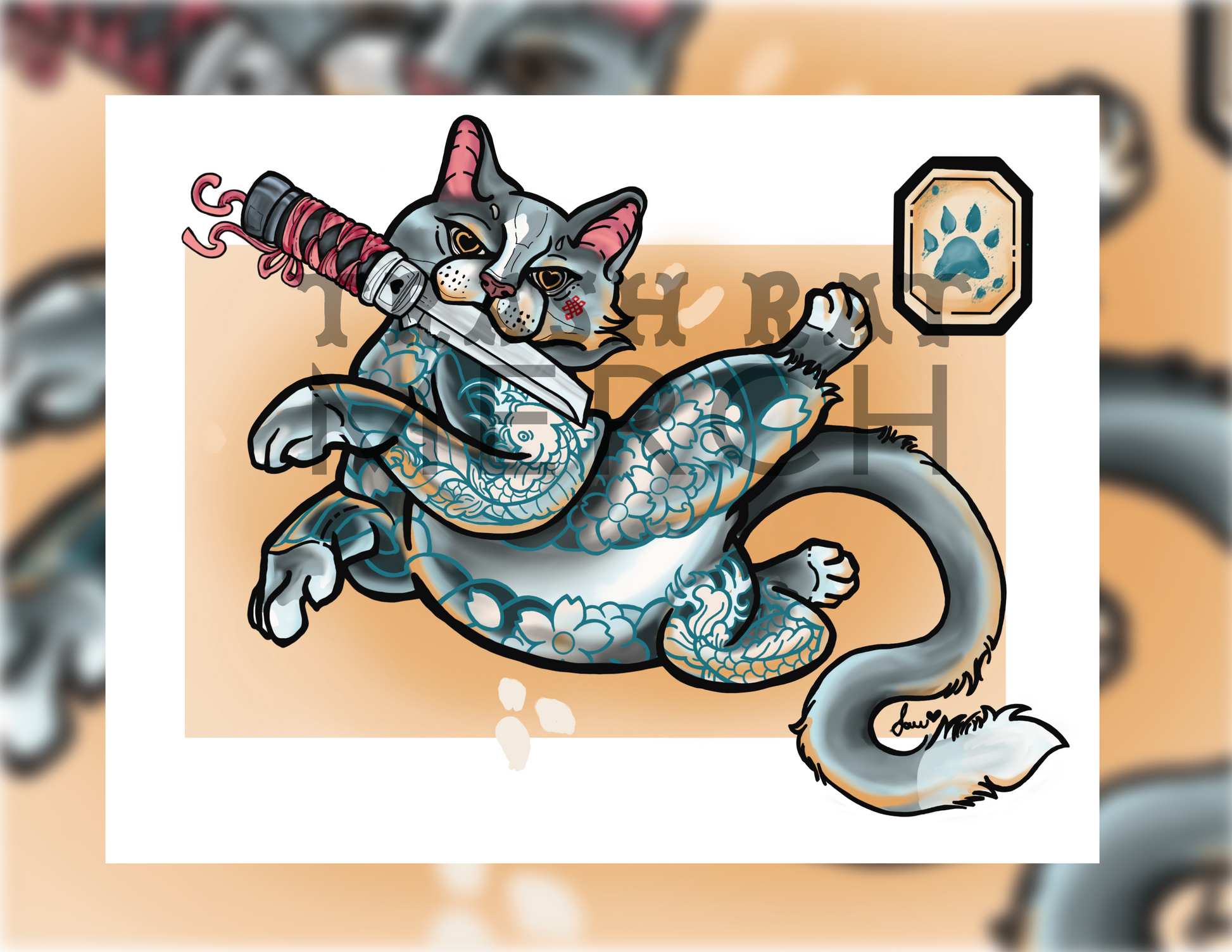 Neotraditional Tattooed Cat Art Print