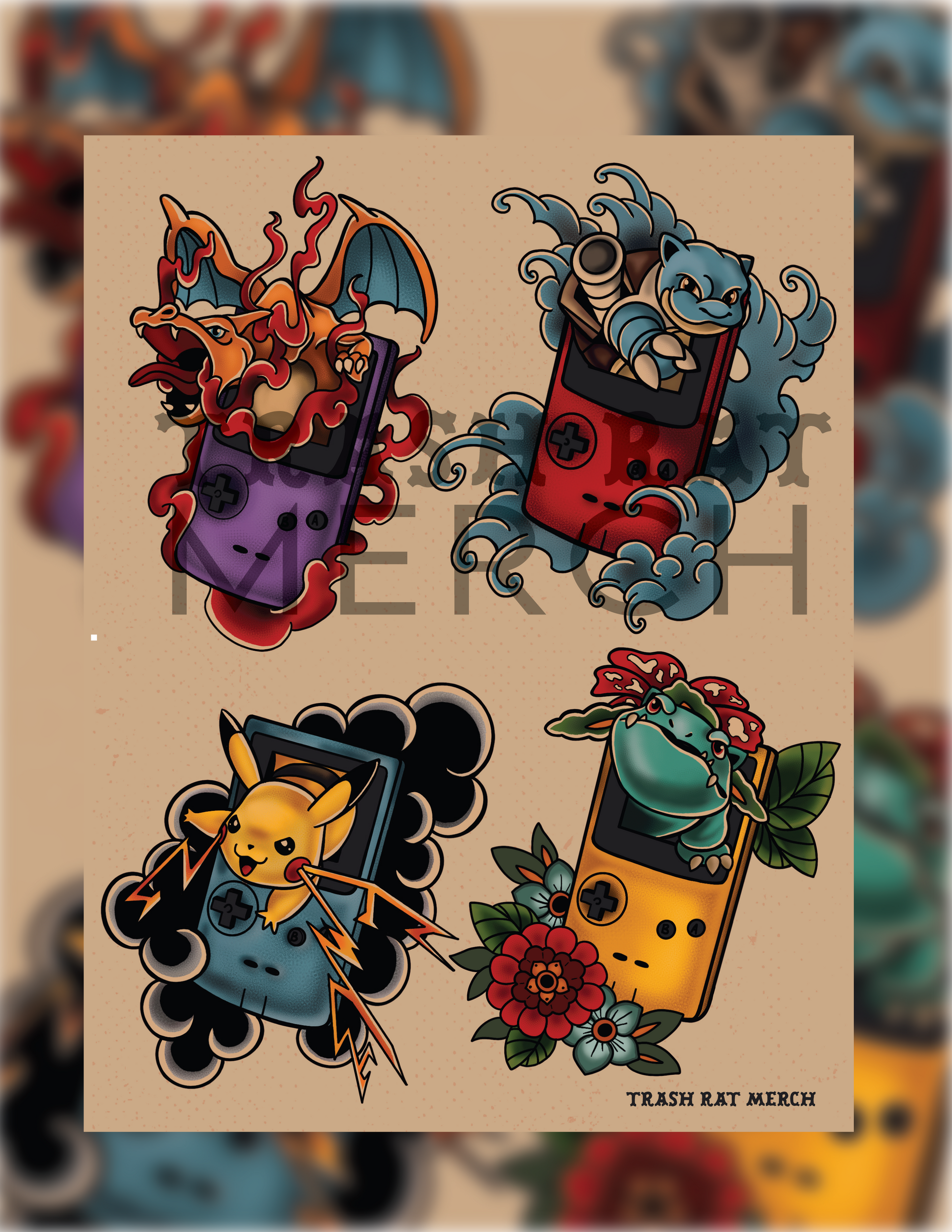 Traditional Tattoo Pokemon Starter Art Print